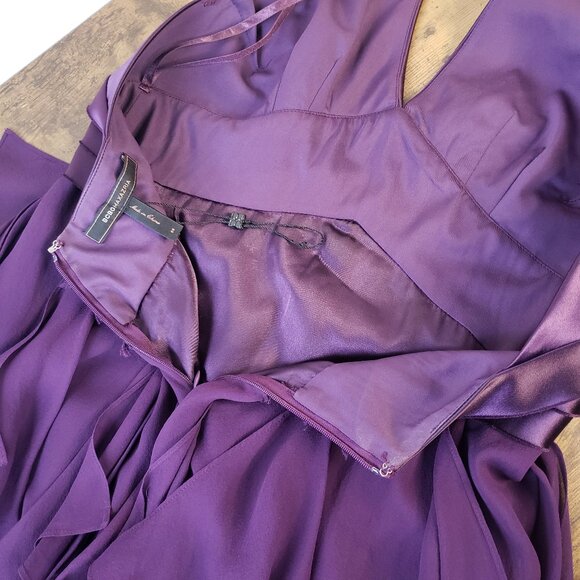 Deep Purple BCBG Fun Formal Mini Halter Dress w Pleats, Sheer Ruffle Fabric - Picture 10 of 15